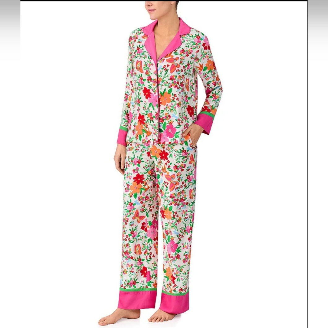 Kate Spade New York Floral Print Long Sleeve Notch Collar Satin Pant Pajama Set